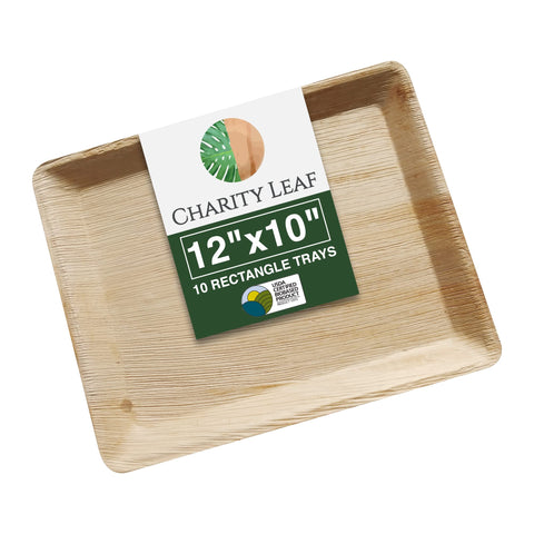 Charity Leaf palm leaf trays stacked, showcasing eco-friendly serving options.