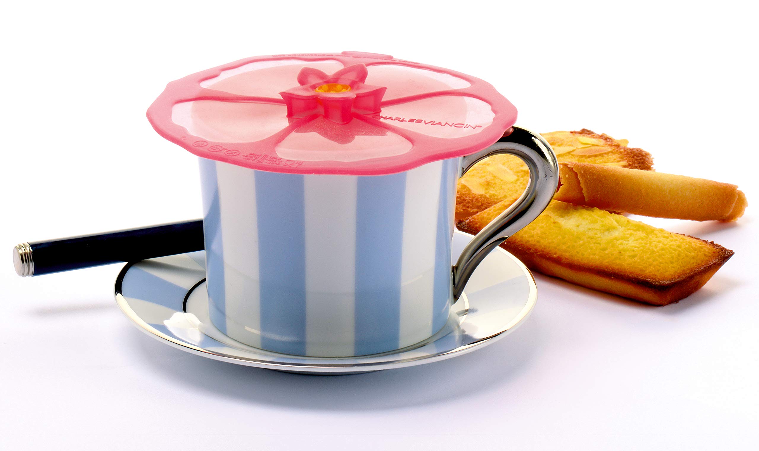 Charles Viancin hibiscus drink cover set 2 pink design seals glasses to retain heat.