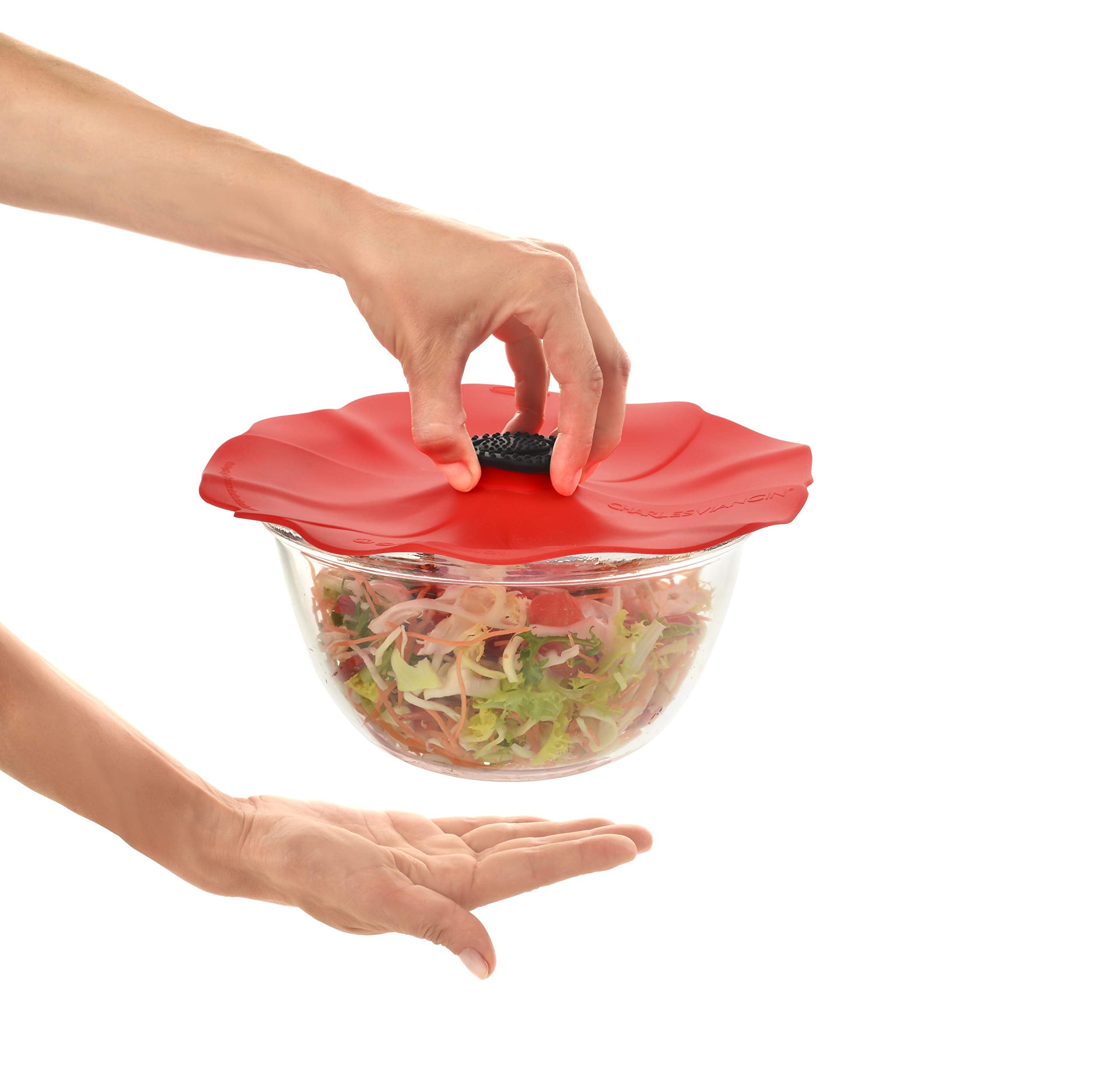 Charles Viancin Poppy lid on a stainless steel container for stovetop use.