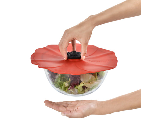 Charles Viancin Poppy lid on stainless steel container keeps food fresh.