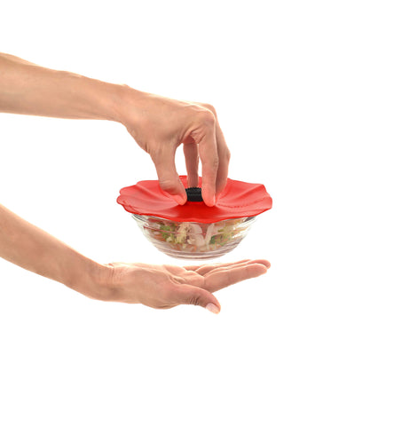 Charles Viancin Poppy lid withstands heat and can go from oven to fridge.