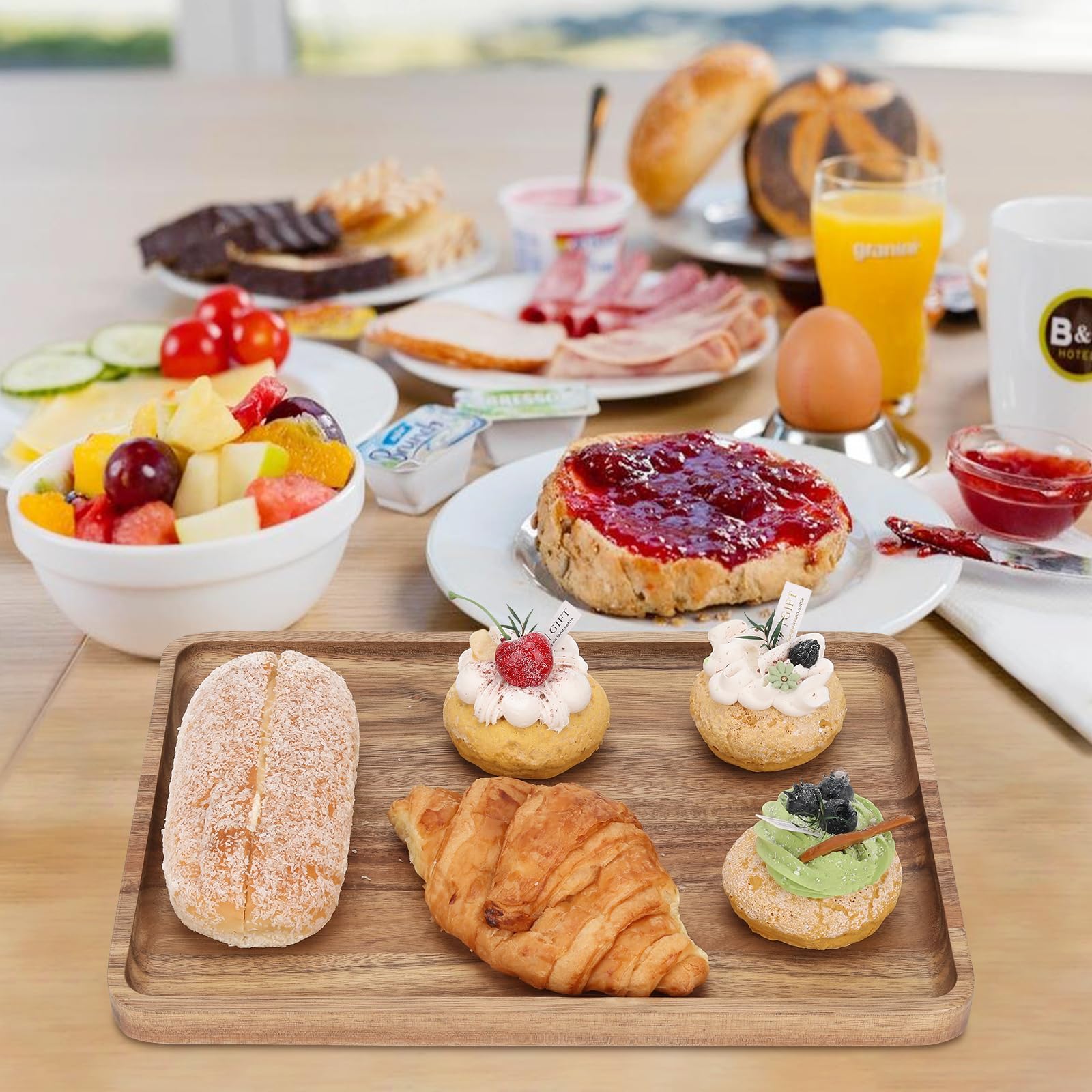 Charmlife serving tray shown with brunch spreads on counter