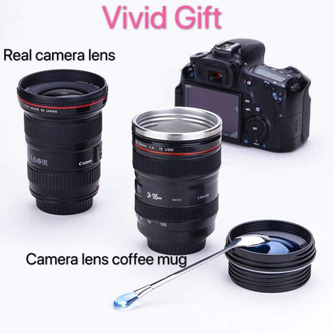 Chasing Y camera lens mug lid is retractable for quick sipping on the go.