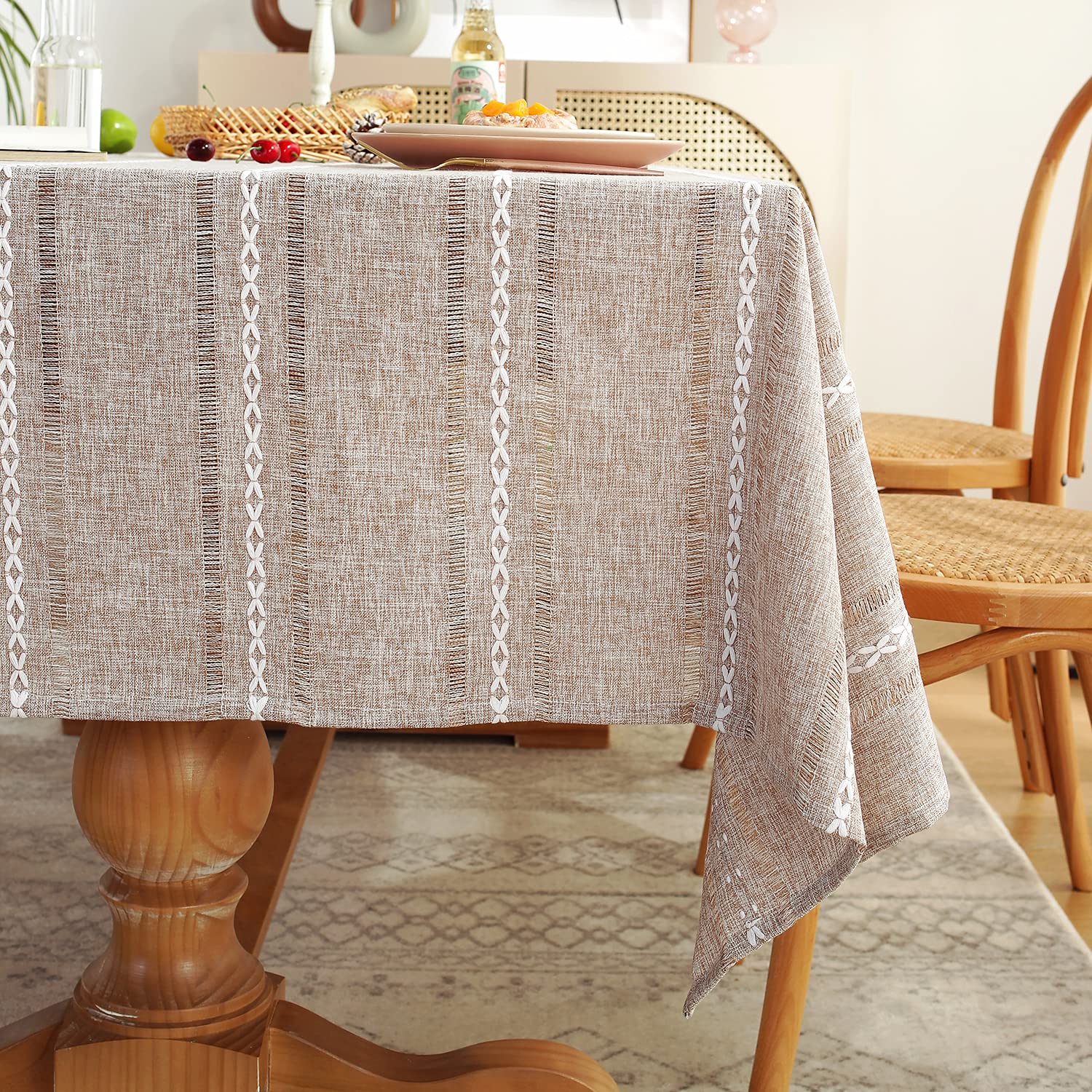 Chassic light coffee tablecloth ideal for holiday dinners and everyday meals.