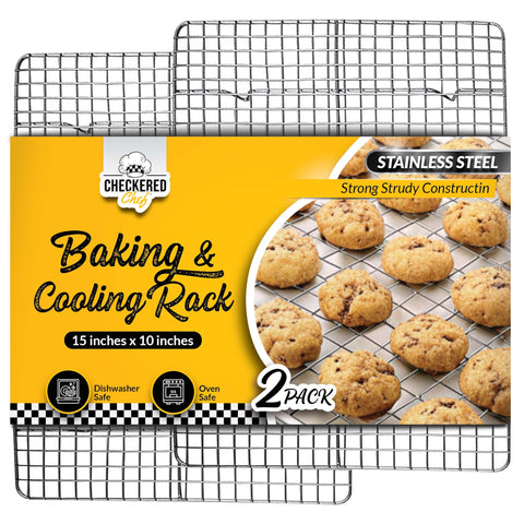 Checkered Chef cooling rack 10x15 demonstrates sturdy stainless steel for versatile oven use.