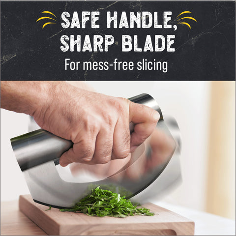 Checkered Chef dual-blade rocker design keeps ingredients moving smoothly.