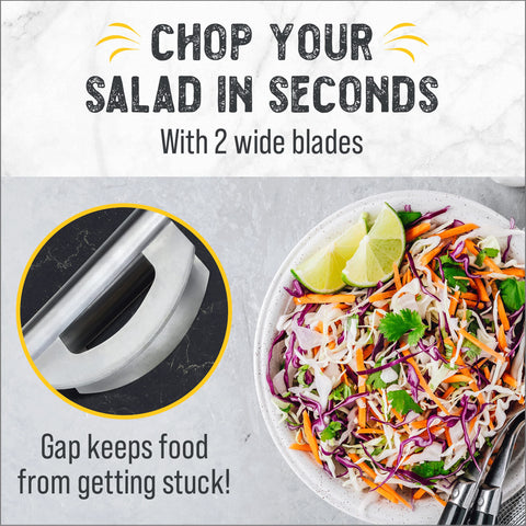 Checkered Chef mezzaluna with stainless steel blade for quick herb cuts.