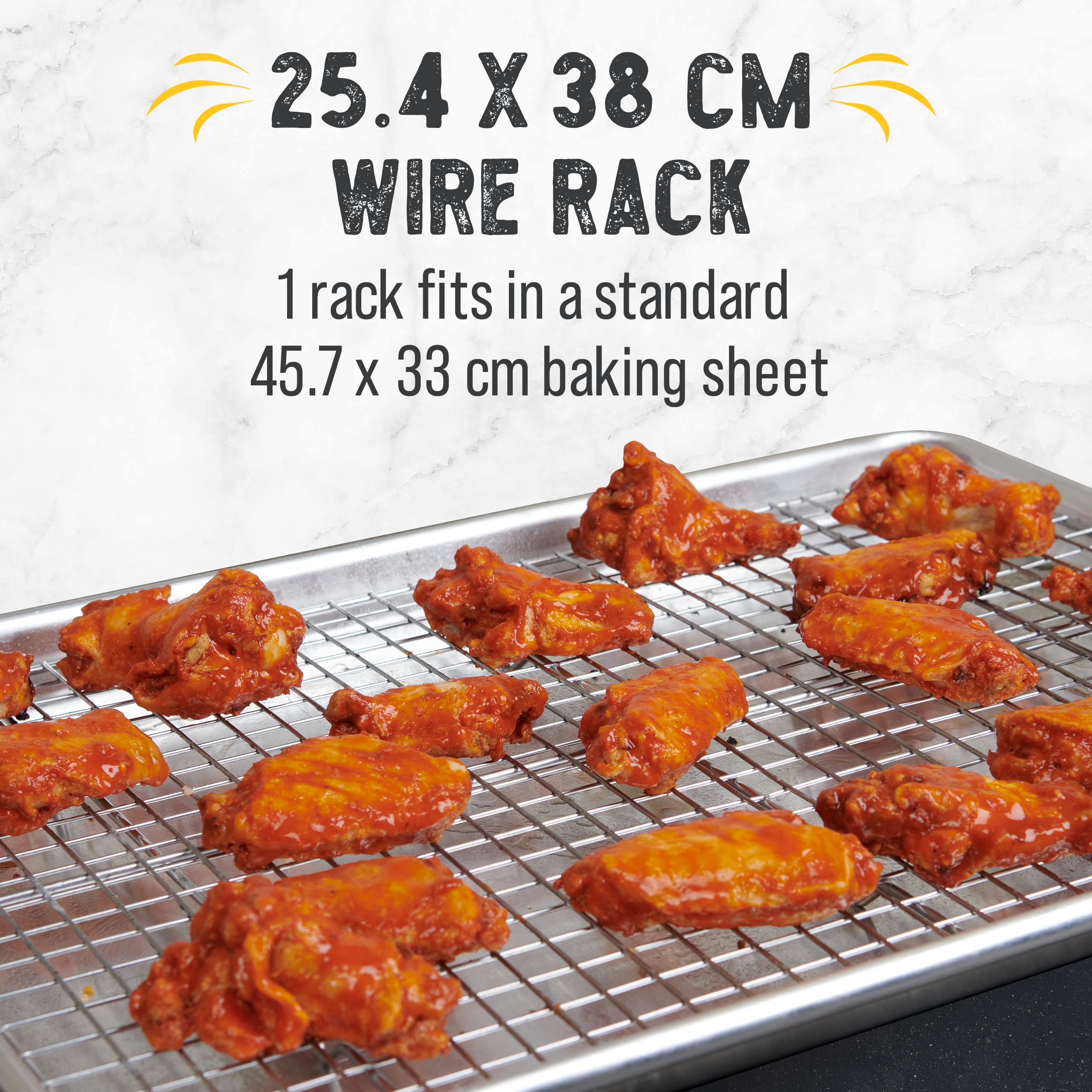 Checkered Chef oven-safe racks keep pans elevated for healthier, grease-free results.
