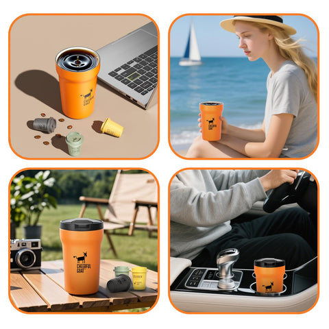 CHEERFUL GOAT compact 12oz travel mug fits cup holders and bags.