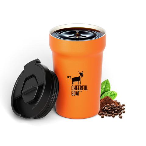 CHEERFUL GOAT insulated mug with ceramic liner highlights pure taste and easy cleaning.