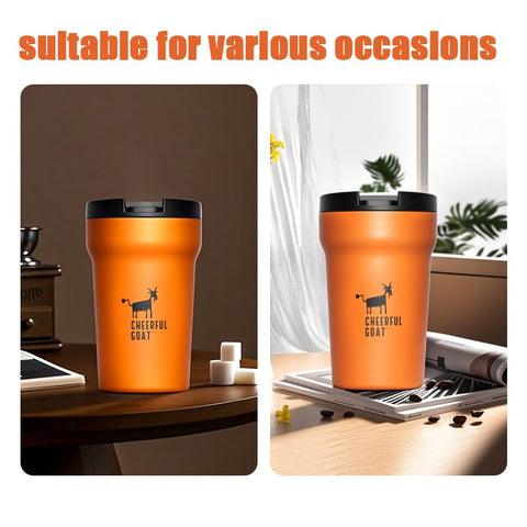 CHEERFUL GOAT orange travel mug adds vibrant style to daily routine.