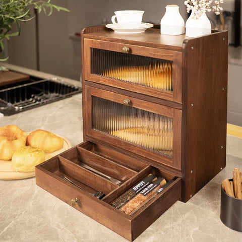 CheerNest bread box wooden drawer showing two-tier storage and easy access