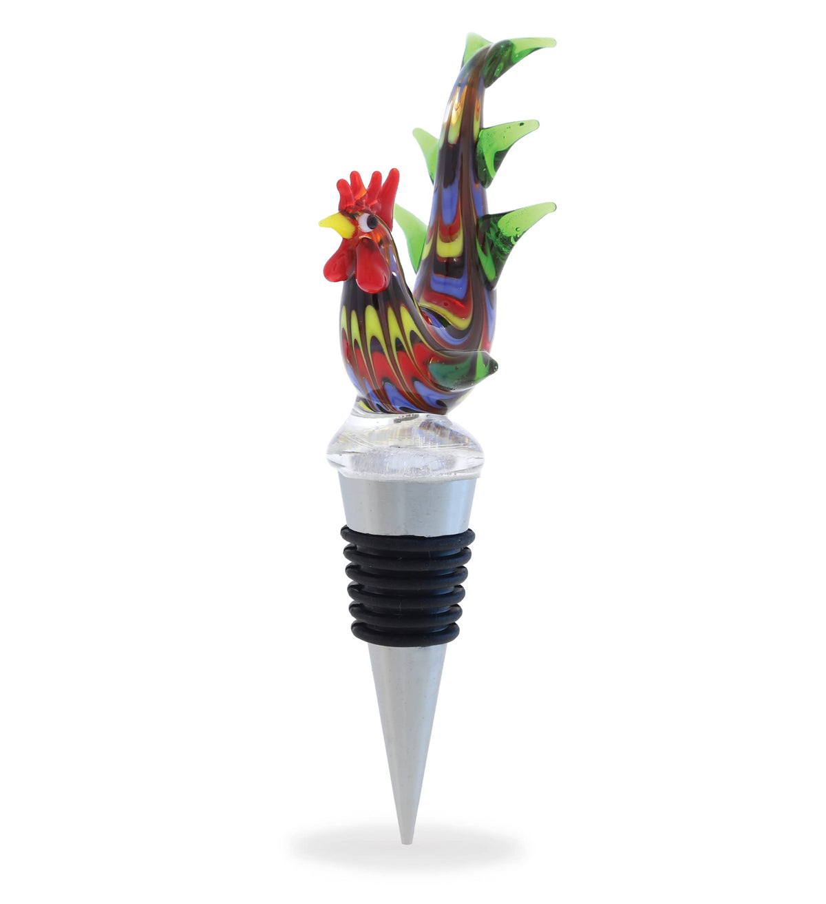 Cheers Rooster glass wine stopper in front view seals air to preserve aroma