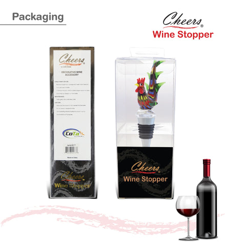 Cheers Rooster glass wine stopper in box presents a ready-to-gift package