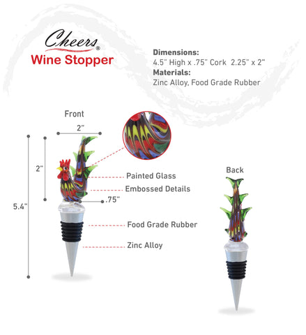 Cheers Rooster stopper top view showcases decorative detail while keeping wine fresh