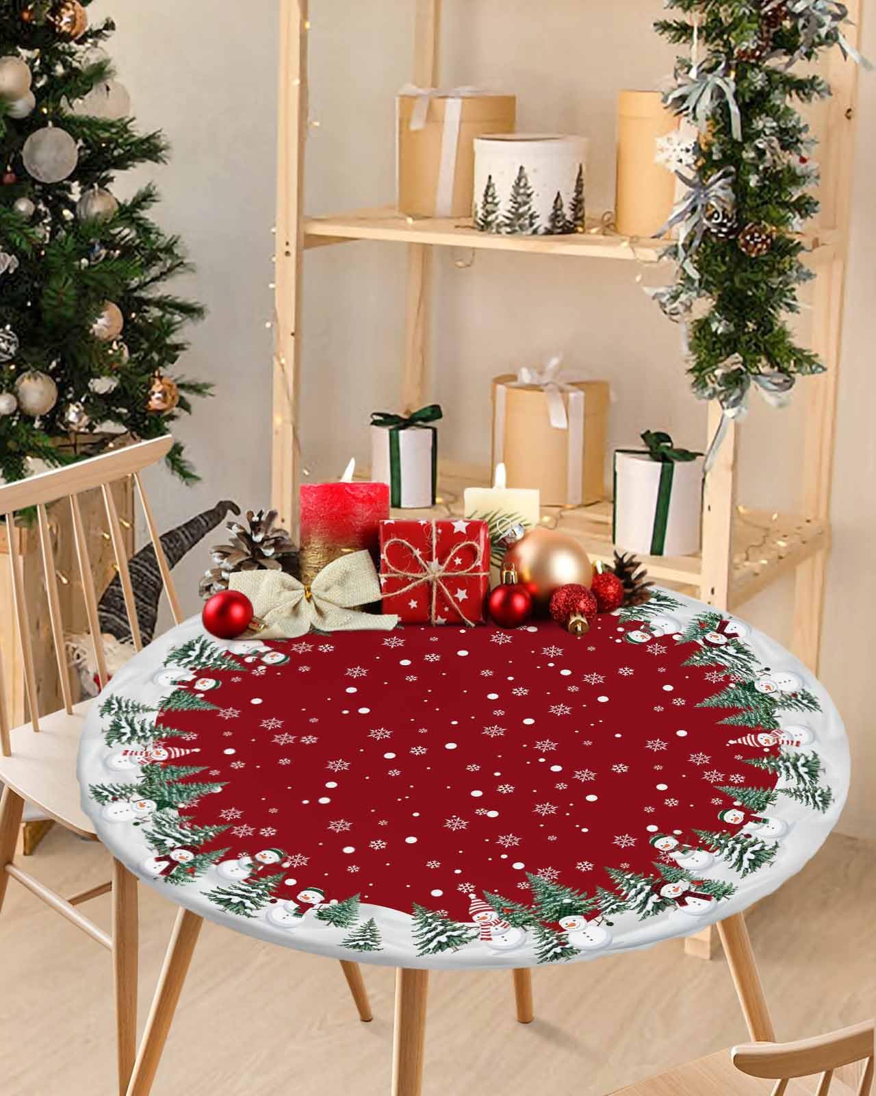 Chees D Zone round fitted tablecloth protects the table from spills with festive snowflake design