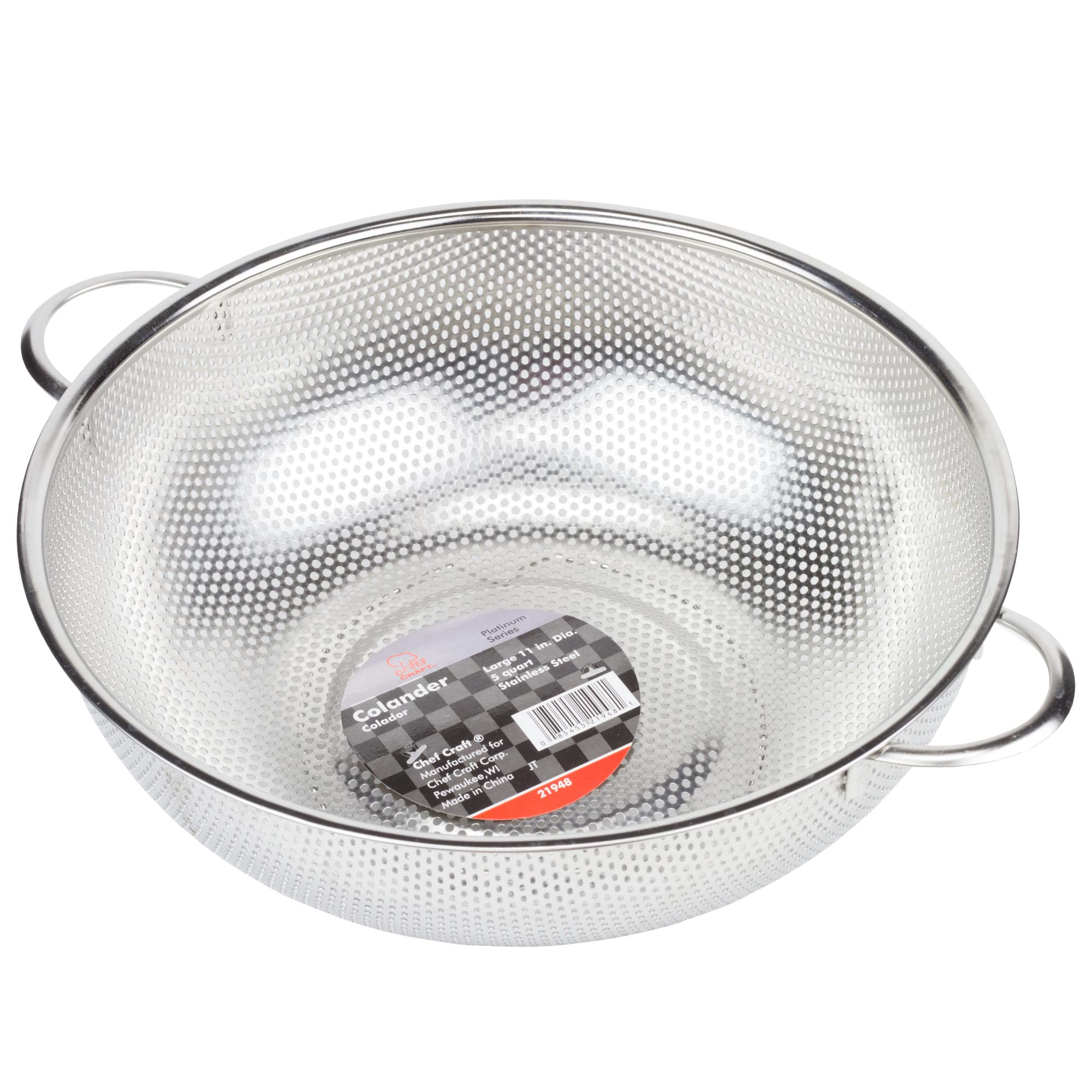 Chef Craft Select stainless steel colander, dishwasher safe, built to handle vegetables and pasta.