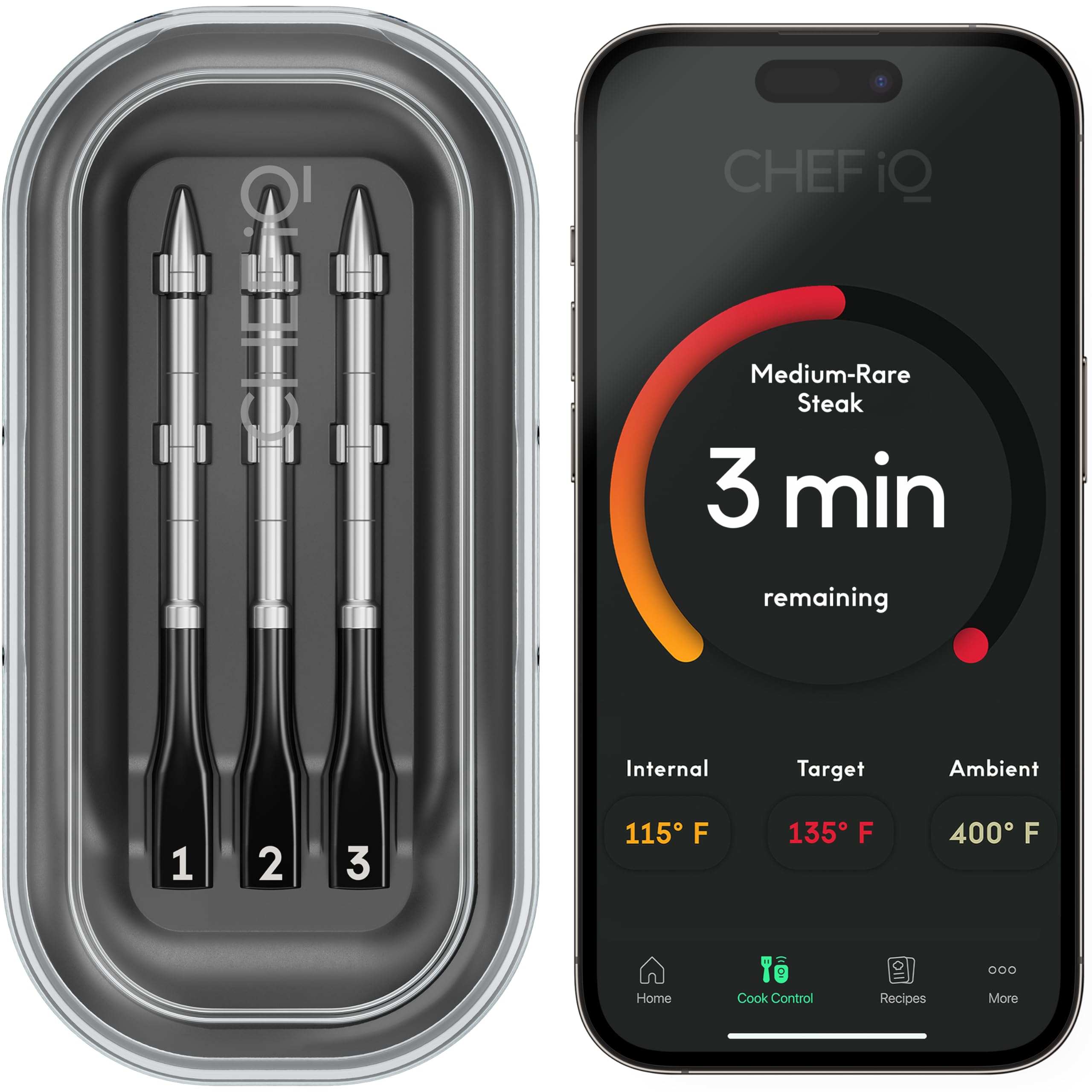 CHEF iQ Sense three-probes setup for monitoring three foods at once.
