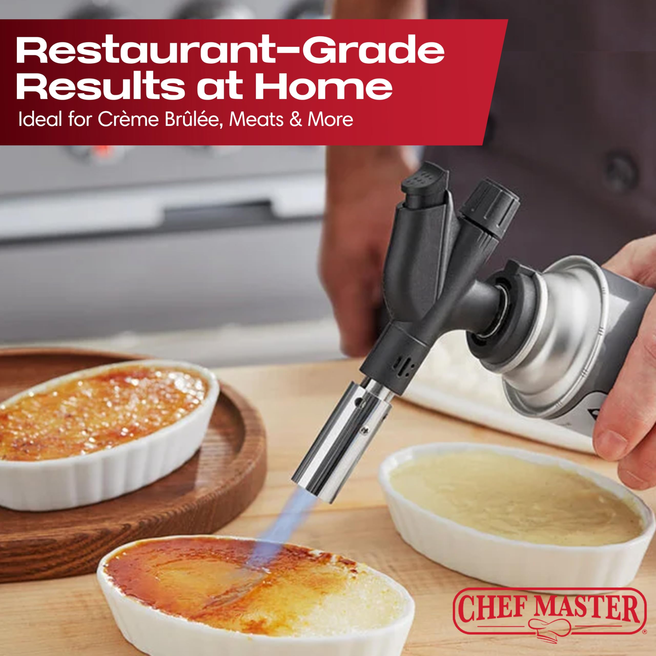 Chef Master anti-flare technology torch delivers safe, stable flames.