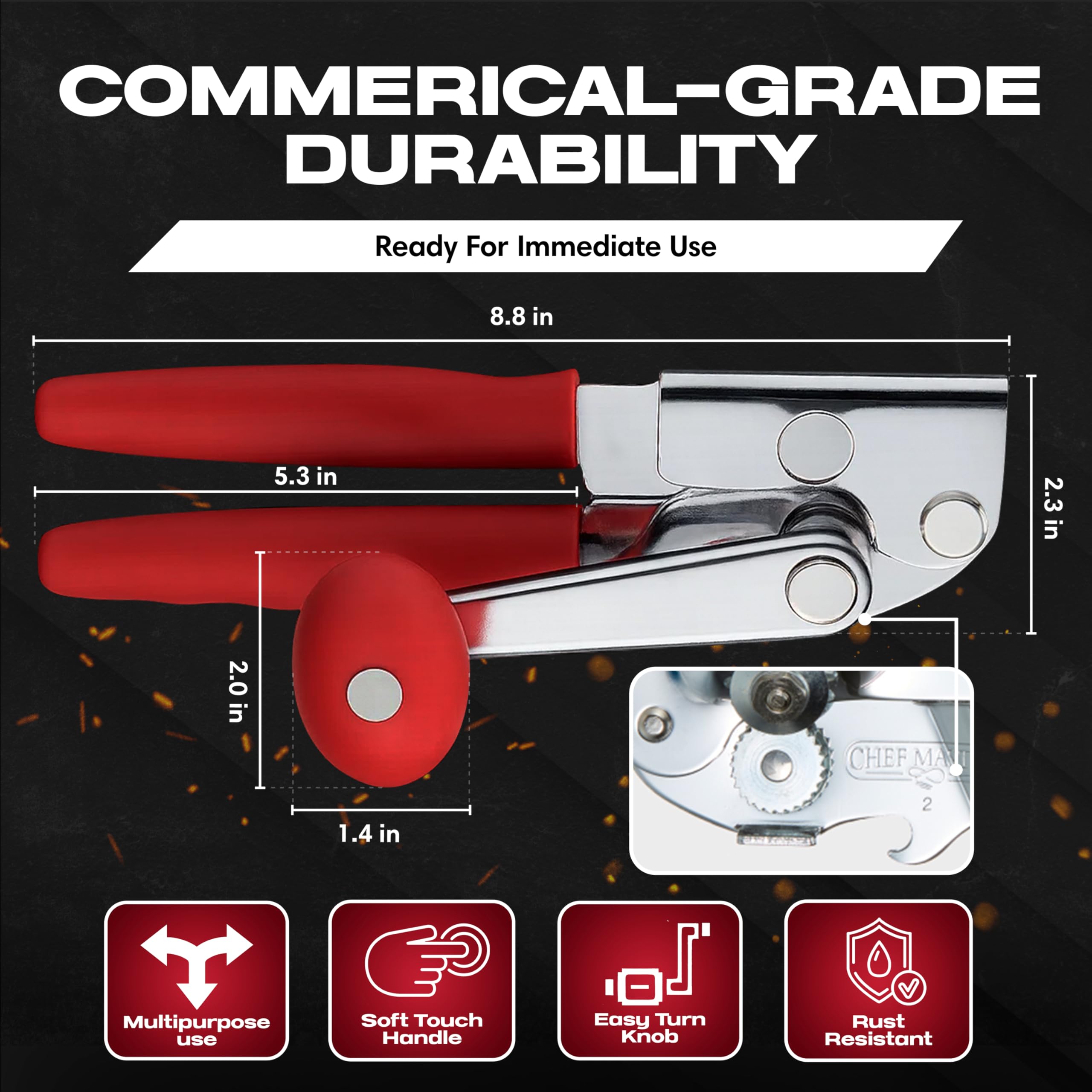 Chef Master can opener with anti-slip grip for safer handling.