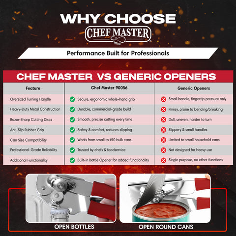 Chef Master can opener handles large cans with ease for daily prep.