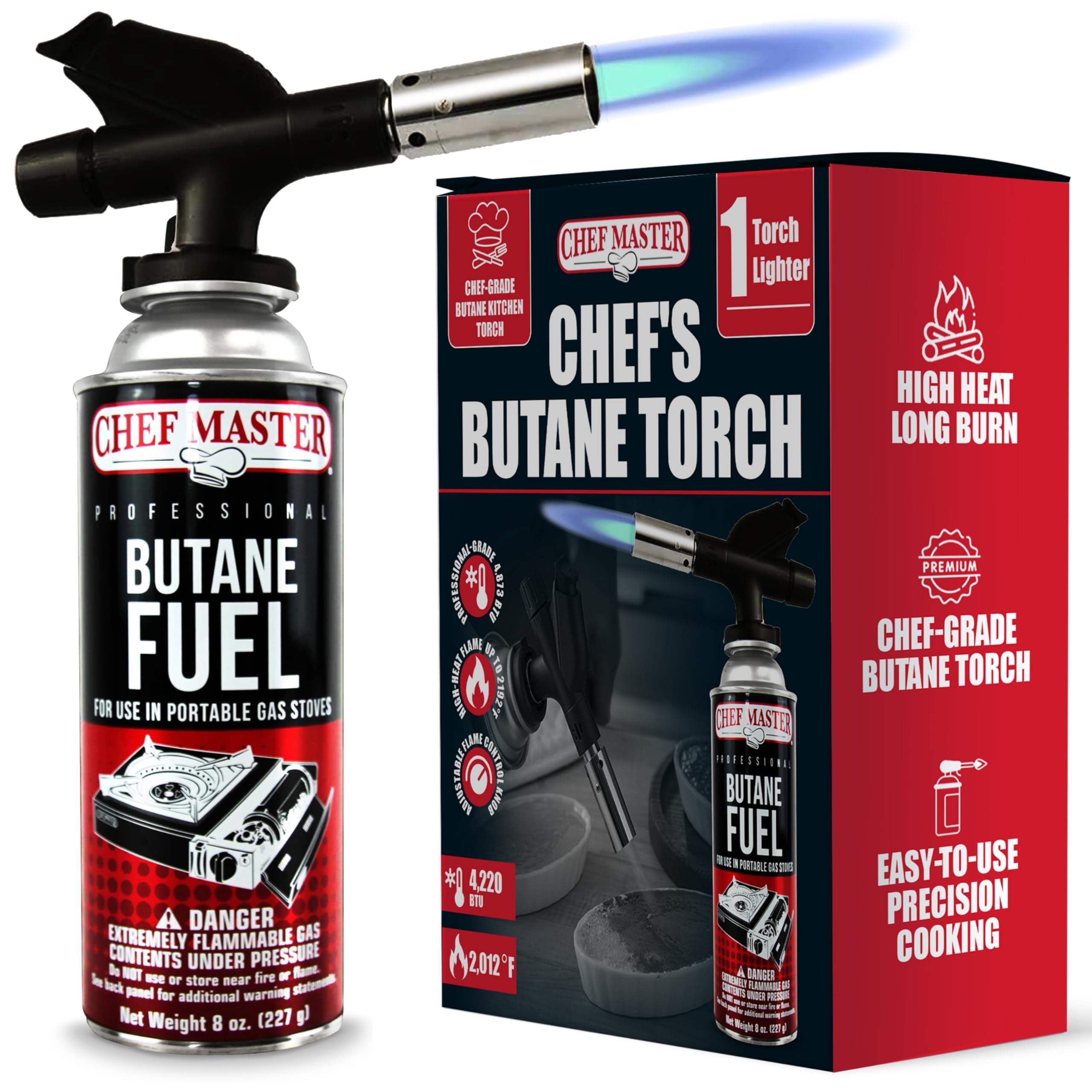 Chef Master kitchen torch with ignition for precise searing and caramelization.