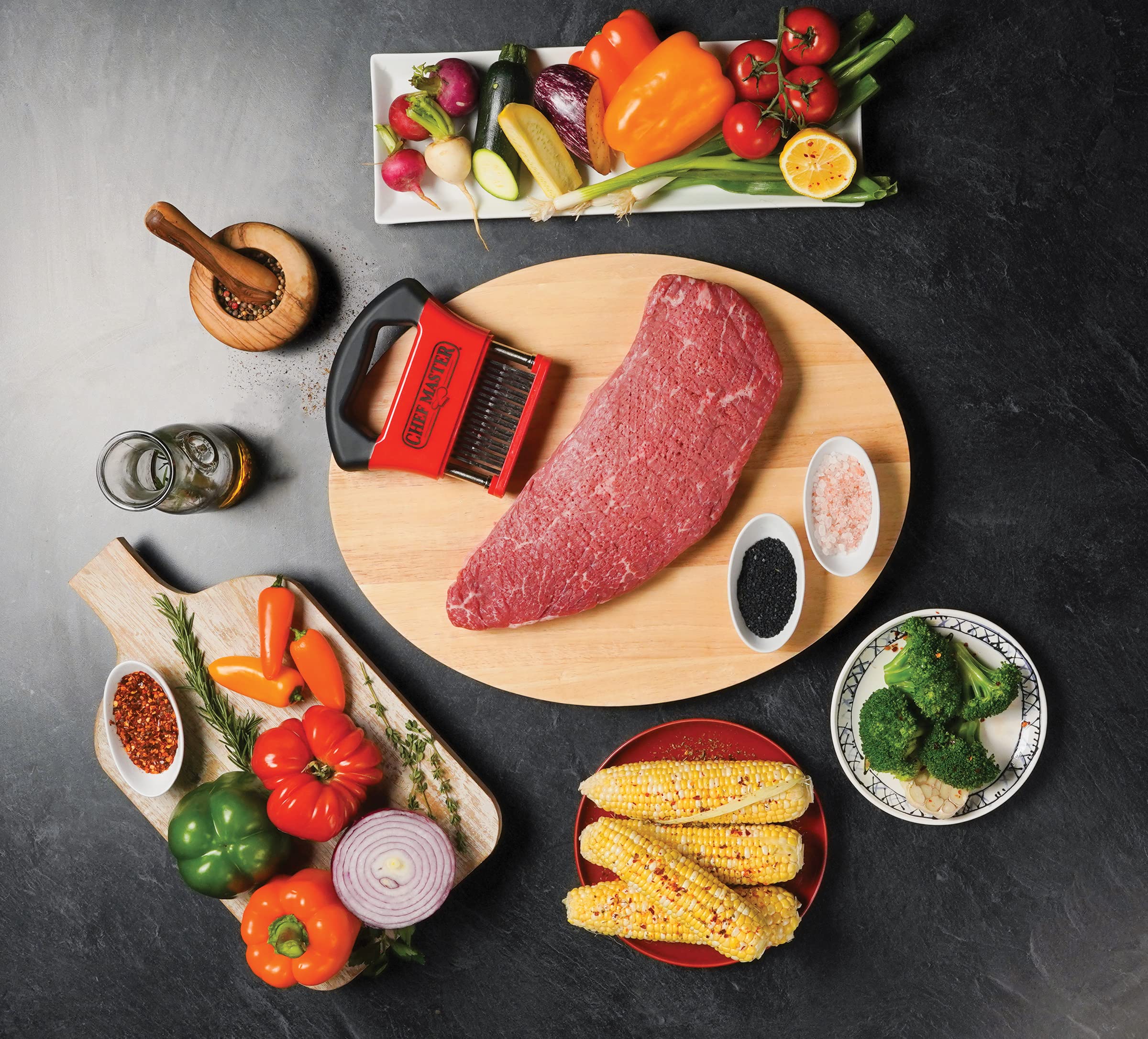 Chef Master tenderizer features an ergonomic handle for comfortable, precise use.