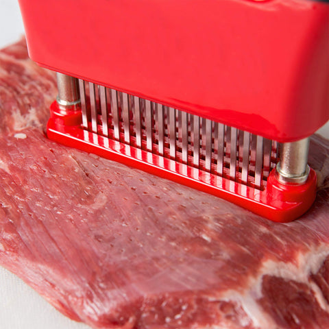 Chef Master tenderizer in action boosts tenderness and flavor uptake.