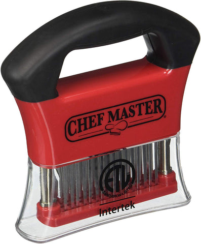 Chef Master meat tenderizer with stainless blades for faster marinade absorption.