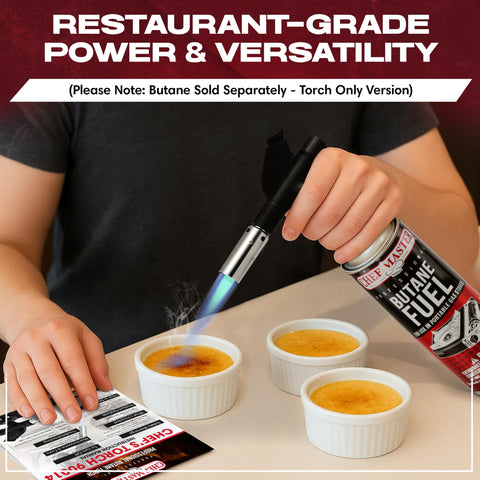 Chef Master torch used to sear meat for restaurant-quality crust.