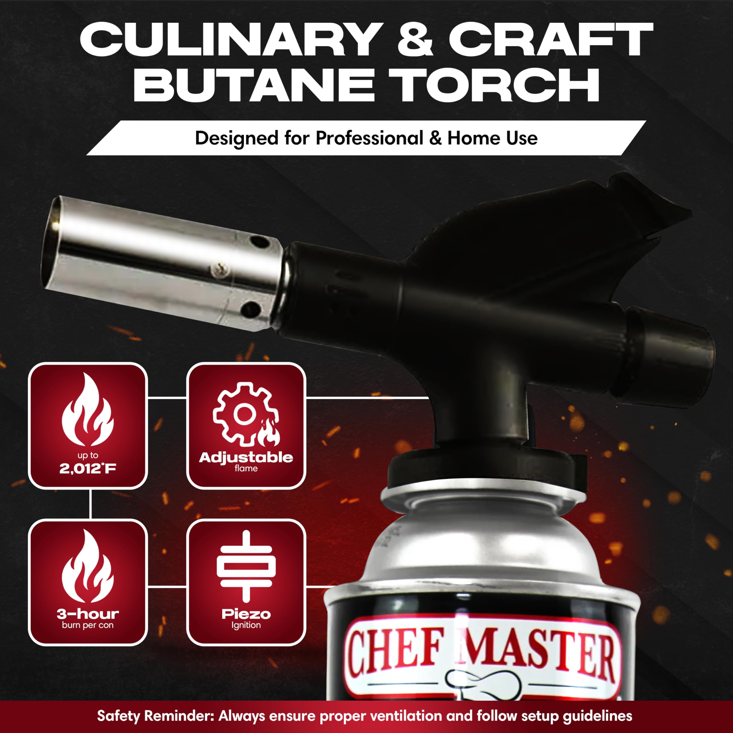 Chef Master torch with adjustable flame for even browning and control.