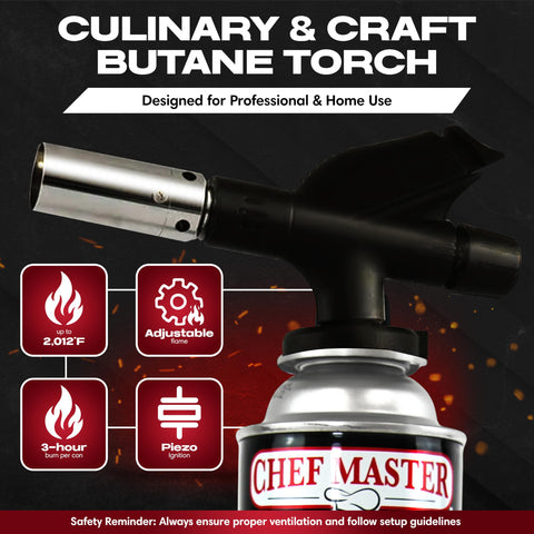 Chef Master torch with adjustable flame for even browning and control.