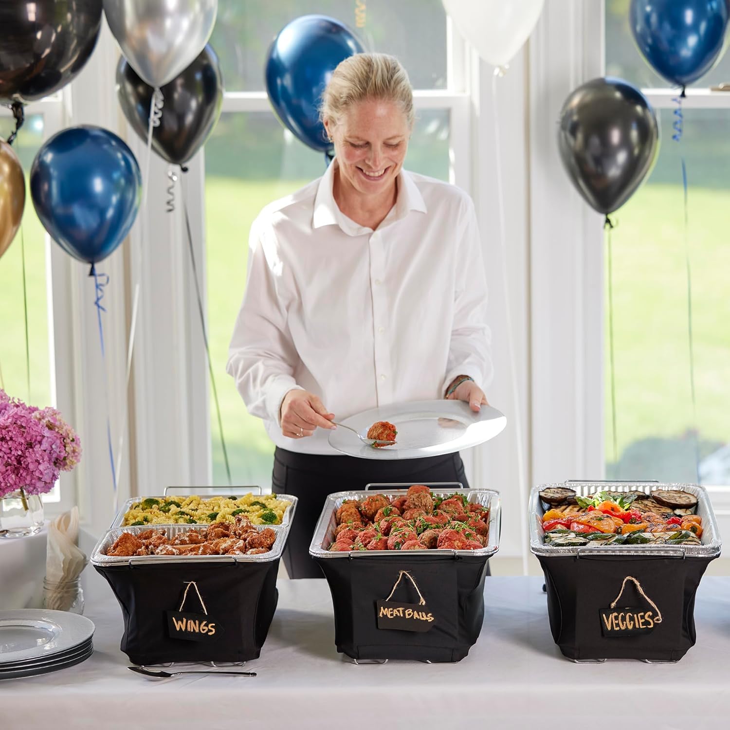 Universal fit design adapting to standard chafing racks, Chef Master.