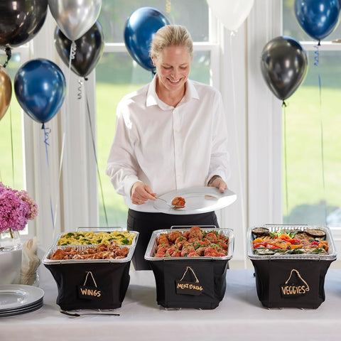 Universal fit design adapting to standard chafing racks, Chef Master.