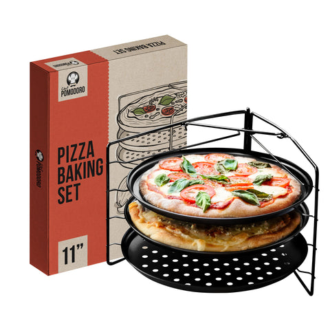 Chef Pomodoro 11-inch perforated pans in the oven for even cooking.