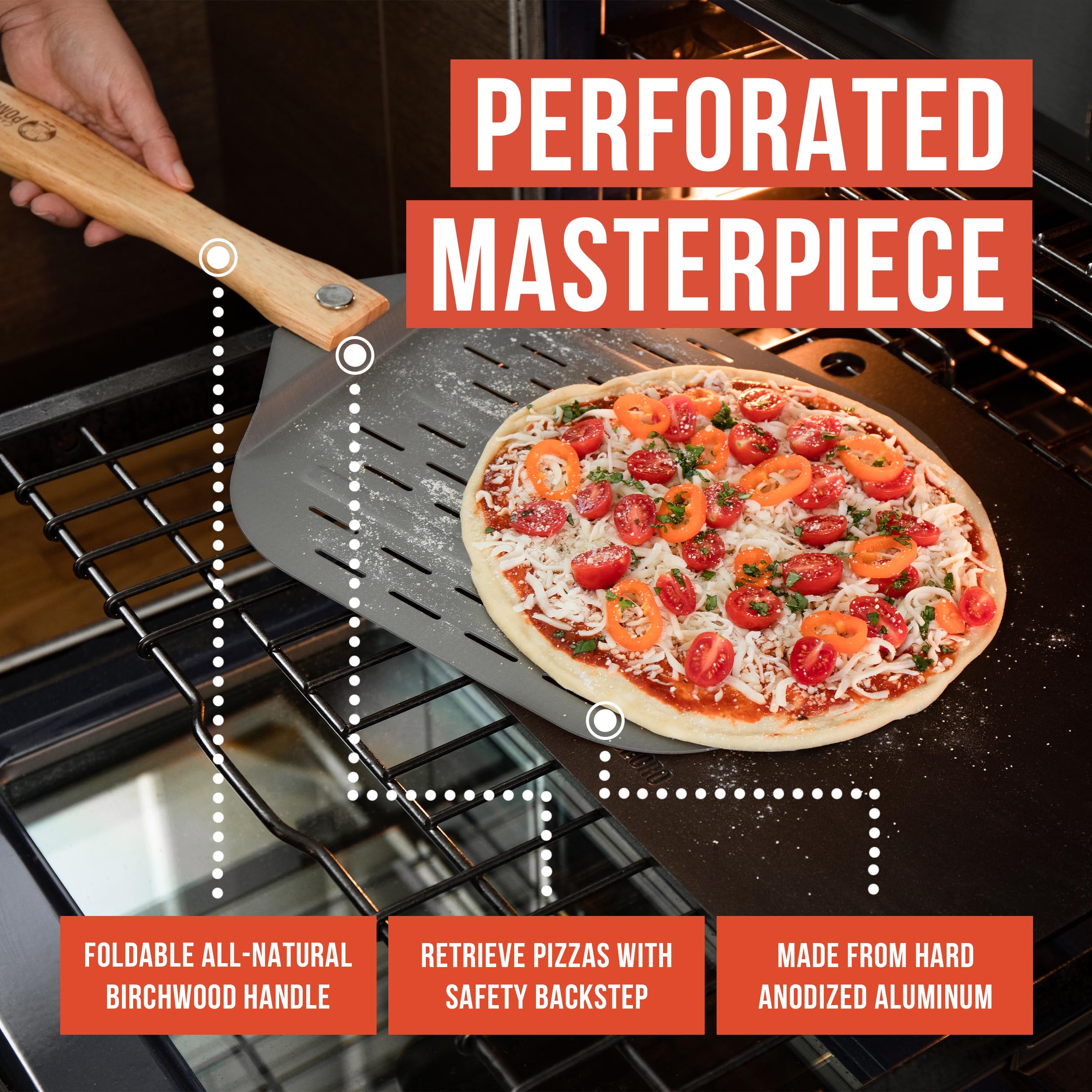 Chef Pomodoro aluminum perforated surface promotes easy dough release and crust evenness.