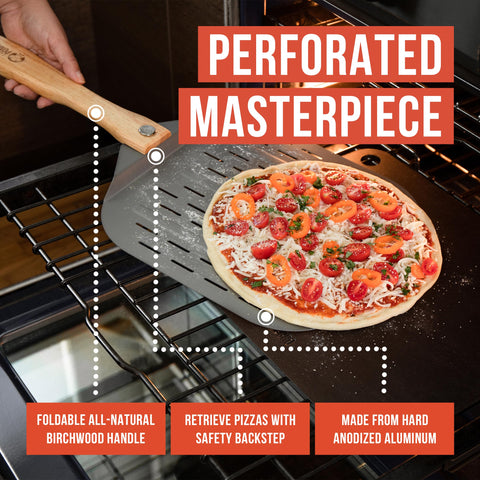 Chef Pomodoro aluminum perforated surface promotes easy dough release and crust evenness.