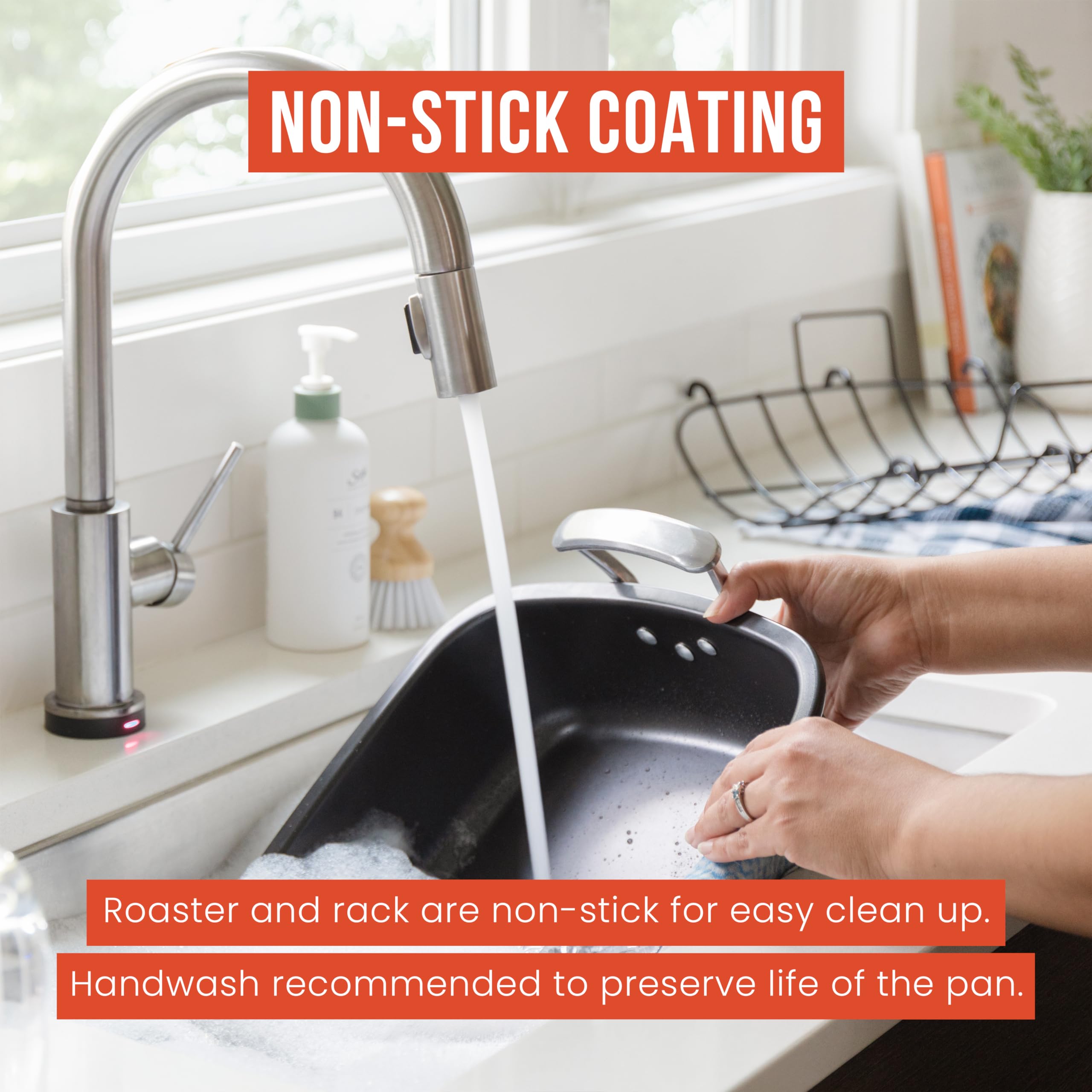 Chef Pomodoro deluxe roasting pan is dishwasher-safe with hand wash recommended.
