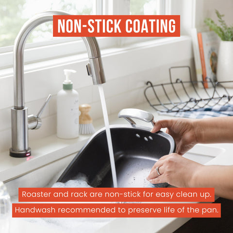 Chef Pomodoro deluxe roasting pan is dishwasher-safe with hand wash recommended.