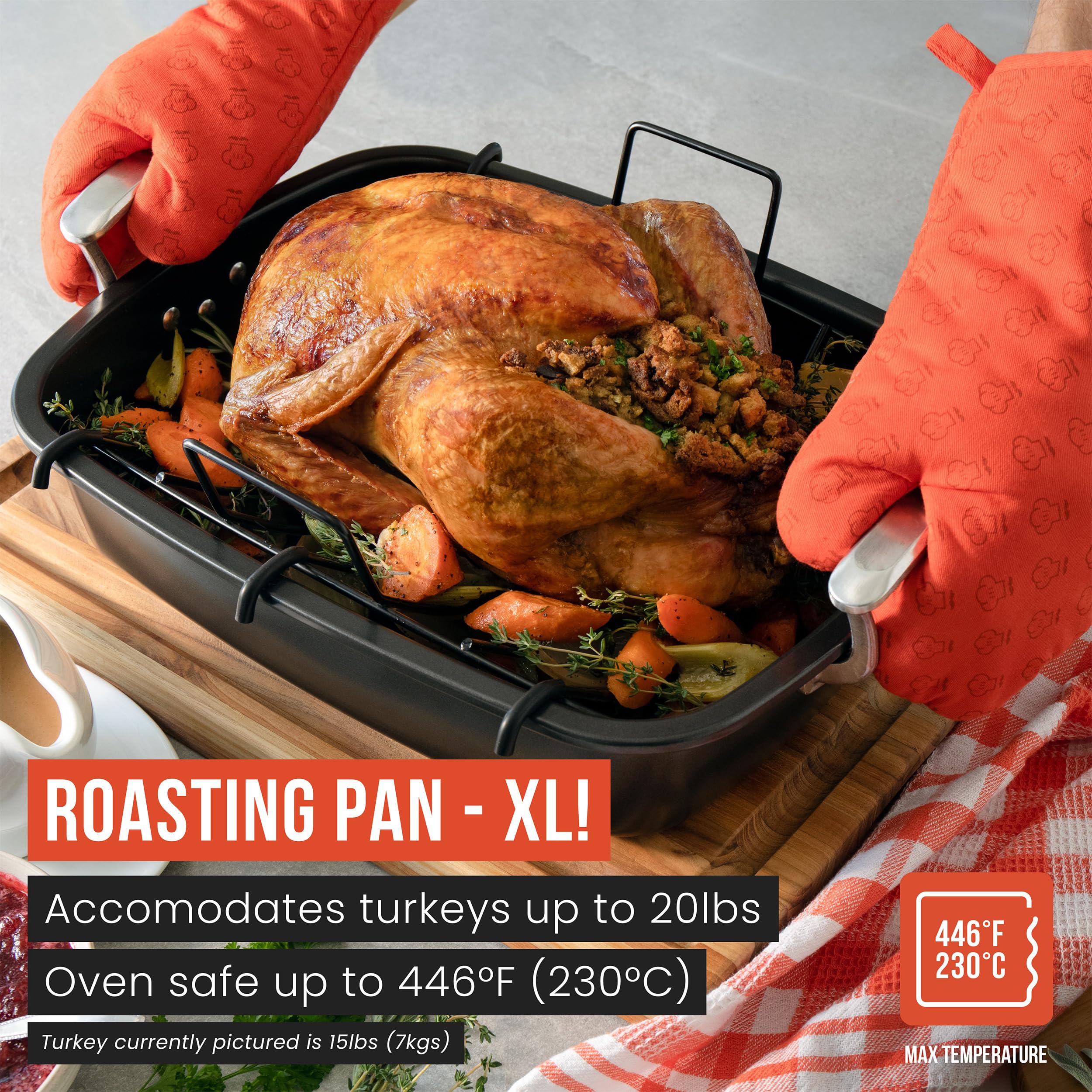 Chef Pomodoro deluxe roasting pan is heat-safe up to 428°F for roasts.