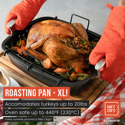 Chef Pomodoro deluxe roasting pan is heat-safe up to 428°F for roasts.