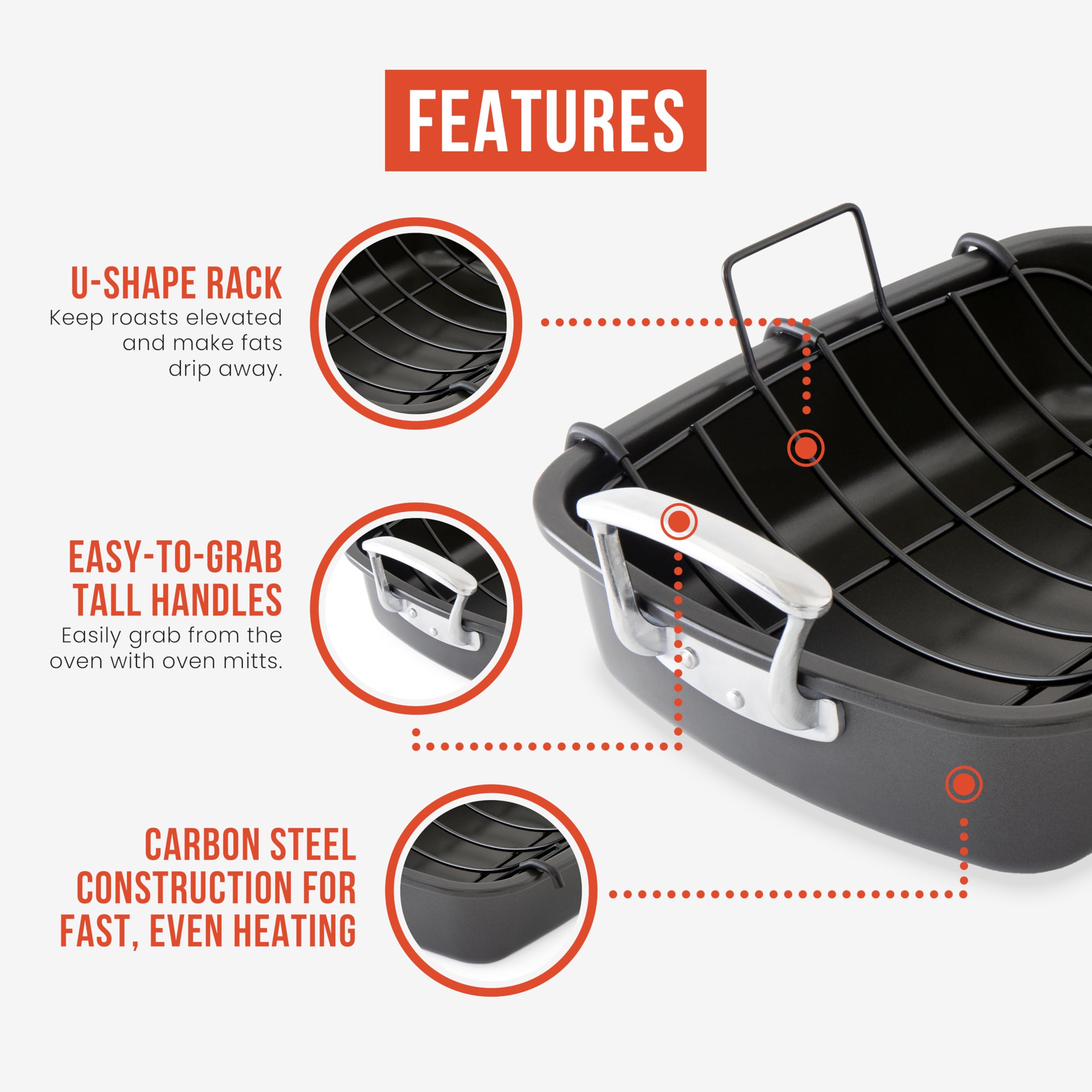 Chef Pomodoro deluxe non-stick roasting pan releases food for easy cleanup.