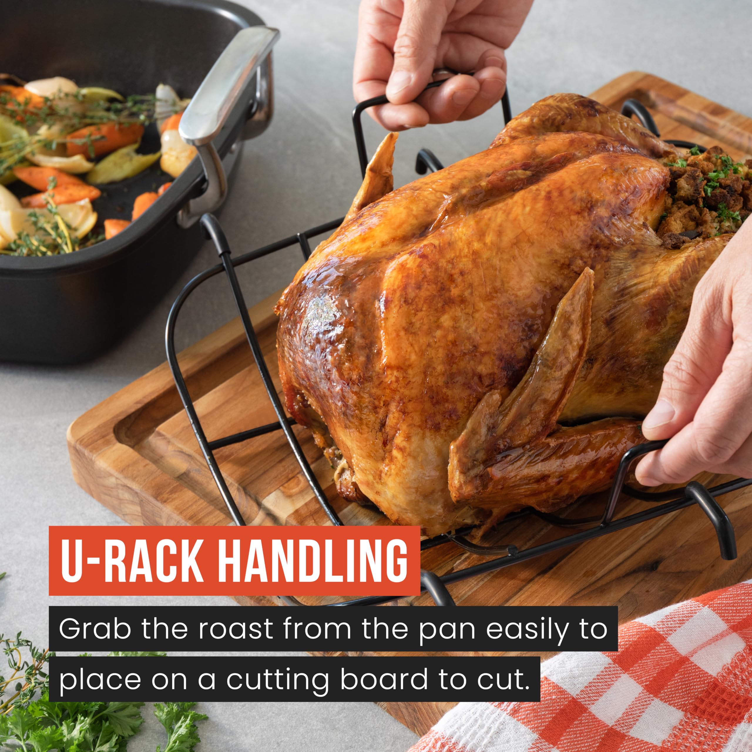 Chef Pomodoro deluxe roasting pan measures 18.5 by 14.5 inches for large meals.