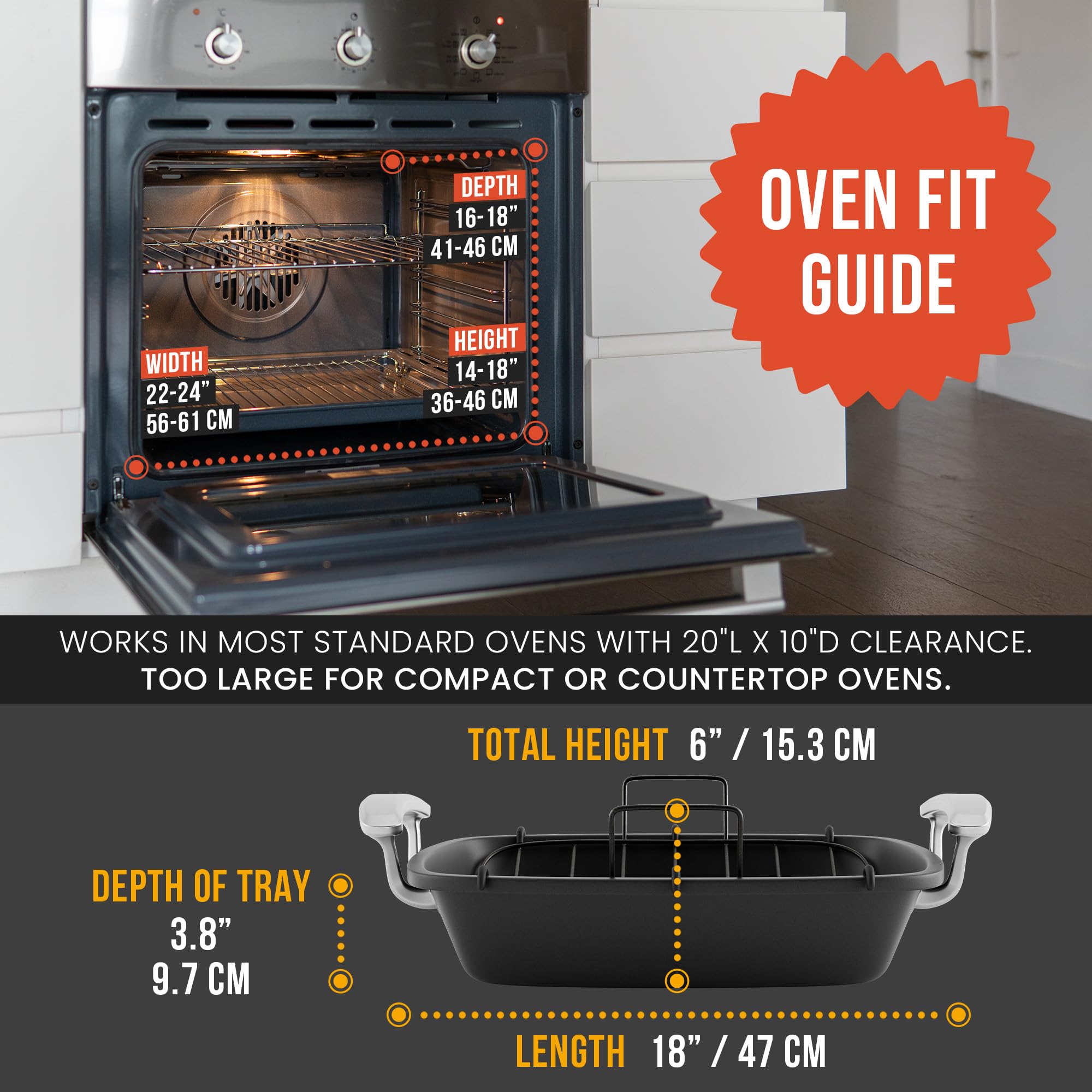 Chef Pomodoro deluxe roasting pan tall handles provide secure lifting with mitts.