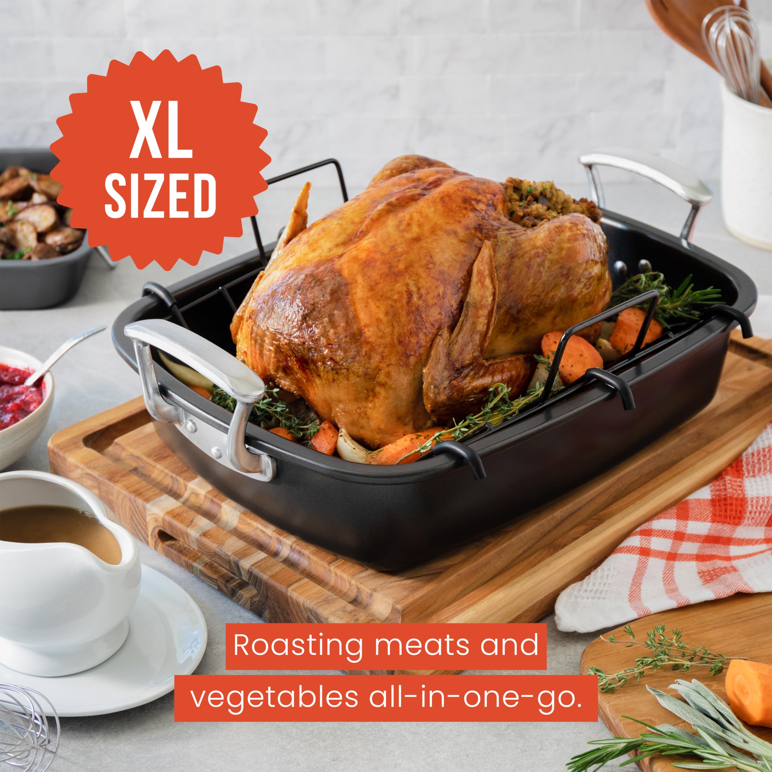 Chef Pomodoro deluxe U-rack elevates roasts for even air circulation.