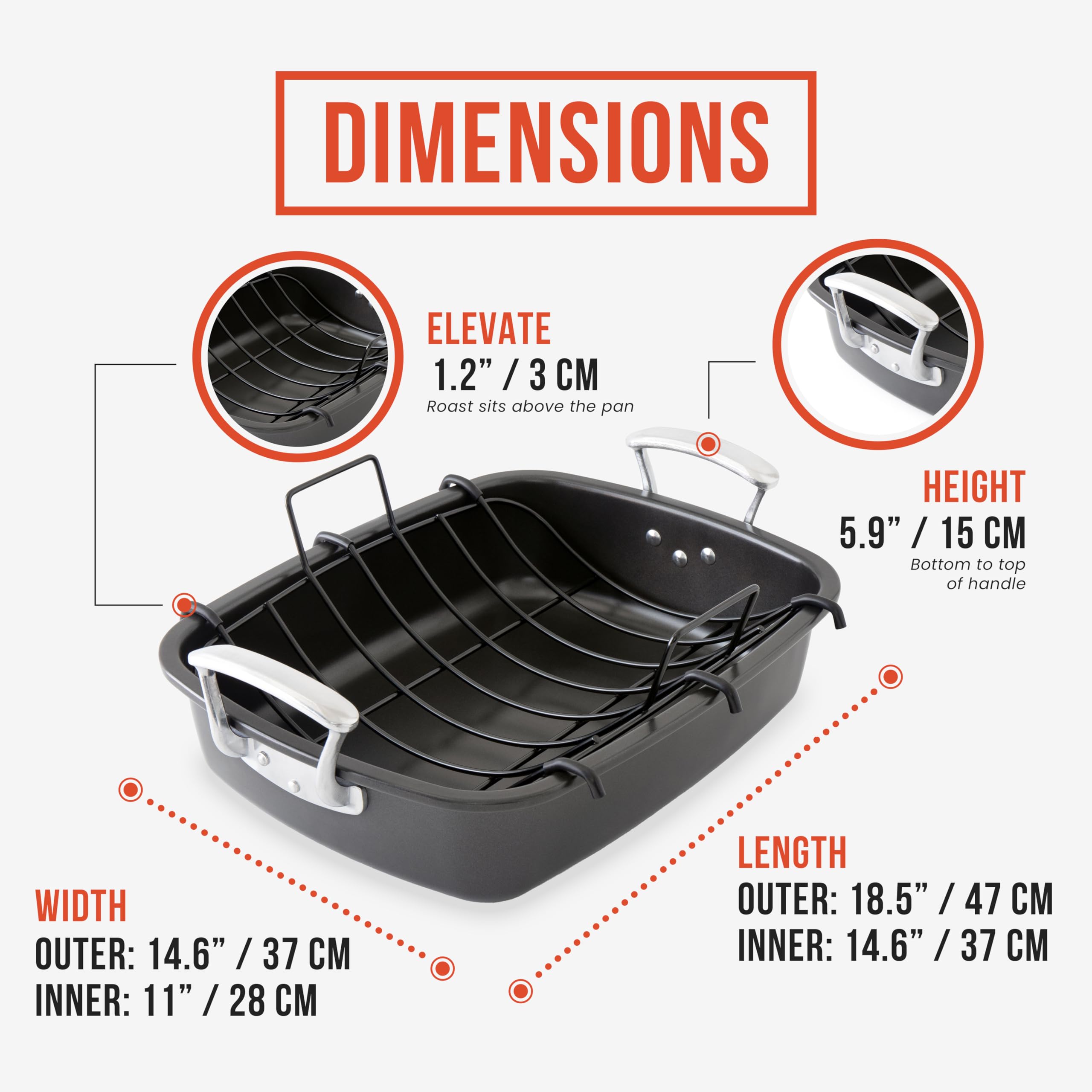 Chef Pomodoro deluxe roasting pan with U-rack silicone bars cradle the roast gently.