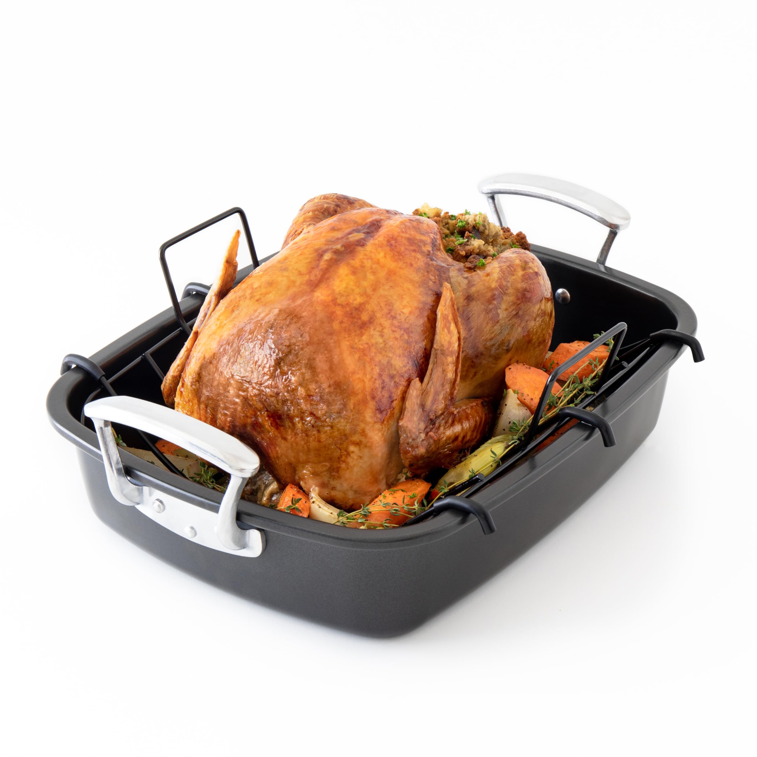 Chef Pomodoro deluxe roasting pan with U-rack ensures even heat for roasts.