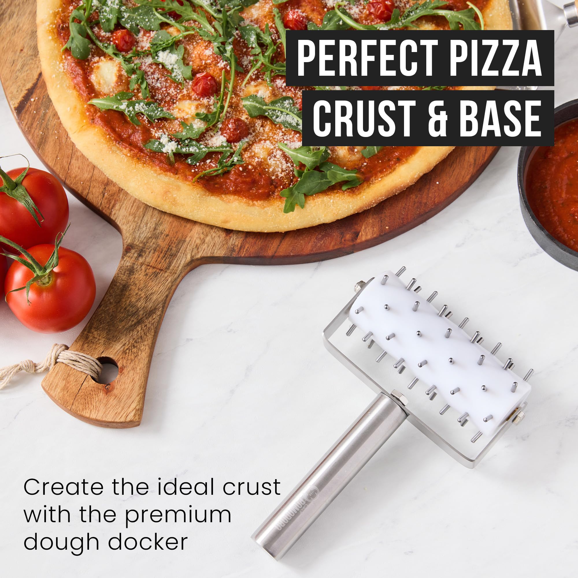 Chef Pomodoro white plastic dough docker roller helps craft cracker bases.