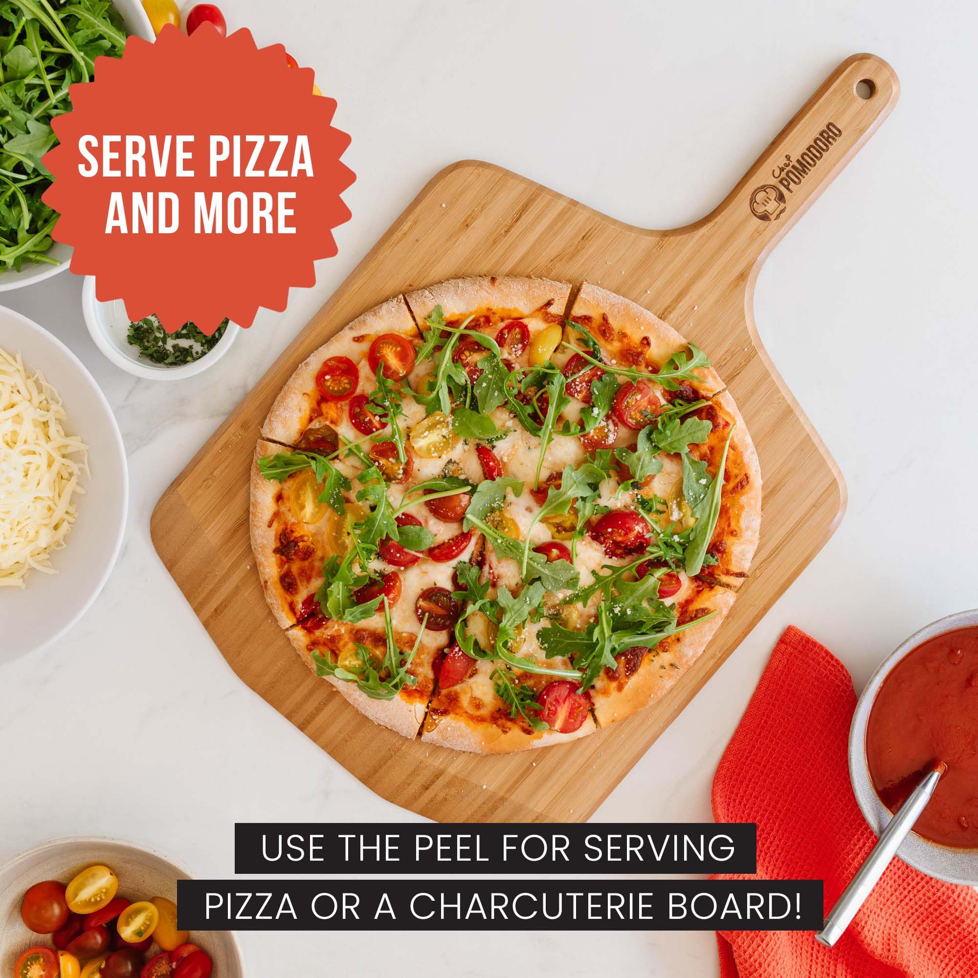 Chef Pomodoro long-handle pizza peel protects hands during transfer
