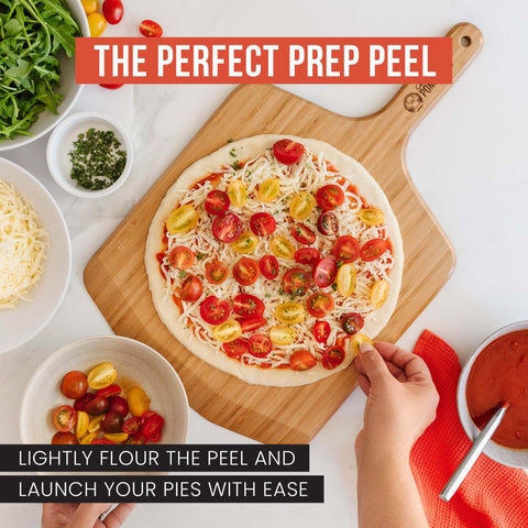 Chef Pomodoro pizza peel in use for easy transfer from oven to table